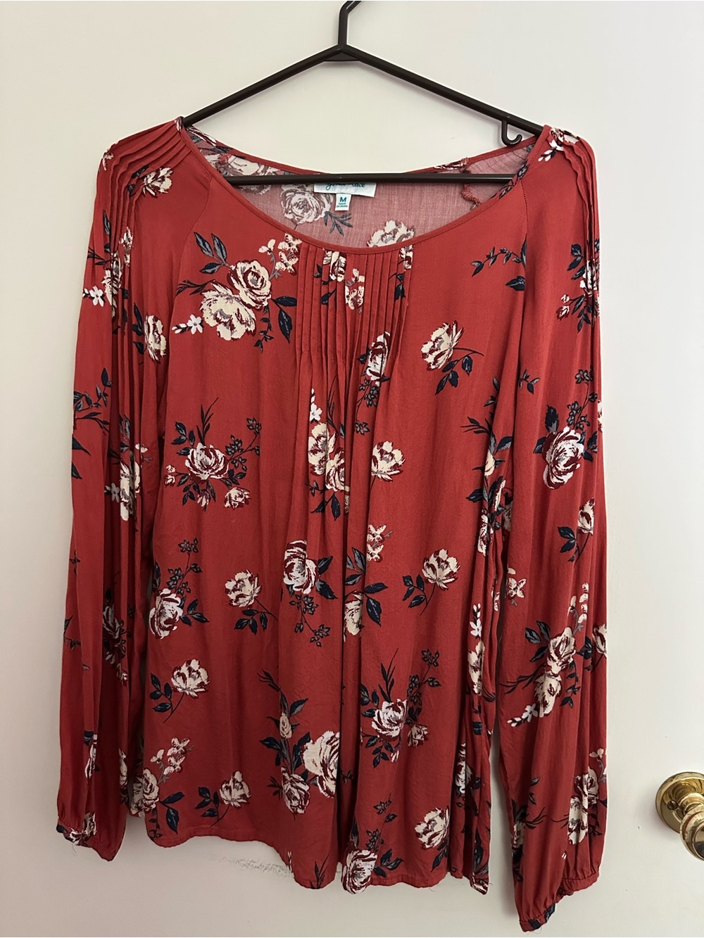 Grace & Lace Rust Floral Long Sleeve Pleated Yoke Top